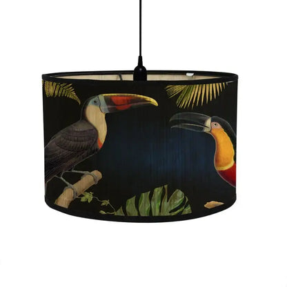Black bamboo pendant light with tropical bird print featuring vibrant toucans on fabric shade for dining room decorbites pendant light