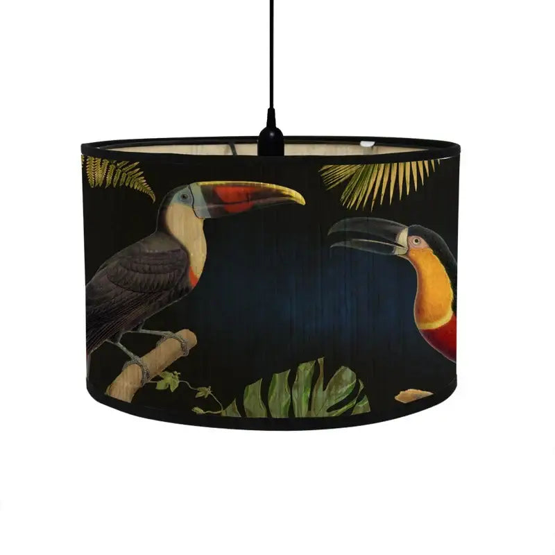 Black bamboo pendant light with tropical bird print featuring vibrant toucans on fabric shade for dining room decorbites pendant light