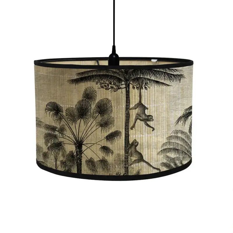 Cylindrical beige fabric bamboo pendant light with black monkey and palm tree drawings for dining room decorbites bamboo pendant