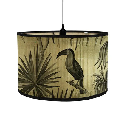 Tropical toucan-themed bamboo pendant light with beige and dark green fabric shade for dining room decorbites bamboo pendant