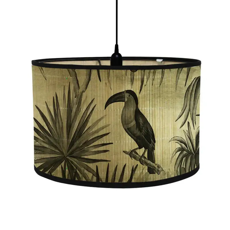 Tropical toucan-themed bamboo pendant light with beige and dark green fabric shade for dining room decorbites bamboo pendant