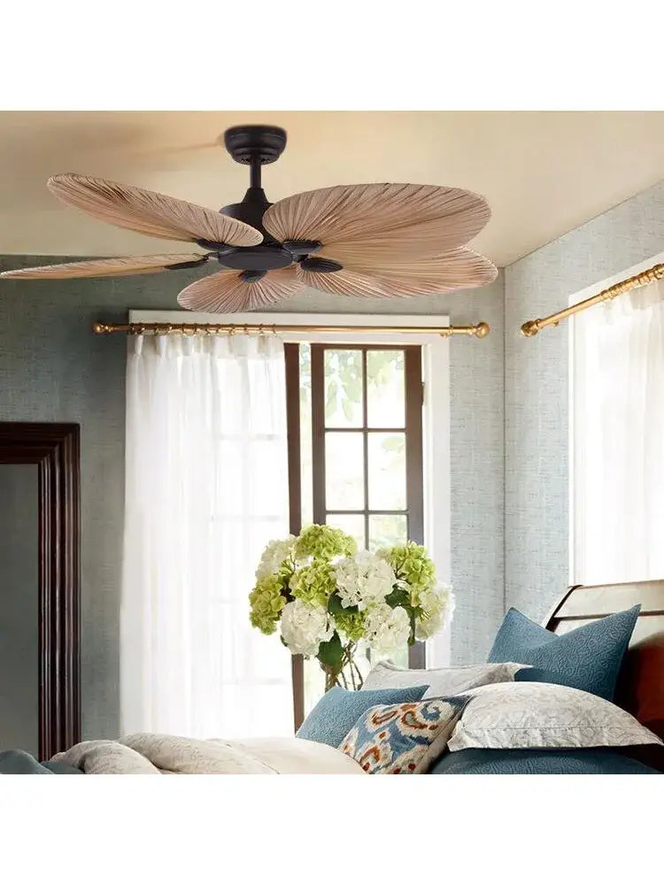 Black ceiling fan with light beige leaf-shaped blades in tropical bronze and brown finish for living room led ceiling fan
