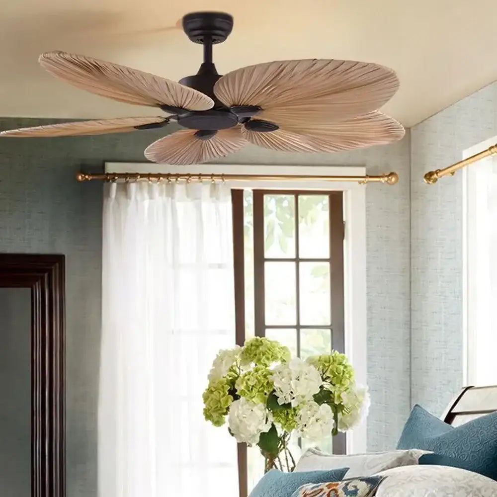 Tropical bronze and brown leaf ceiling fan with five light brown leaf-shaped blades and led ceiling fan hub