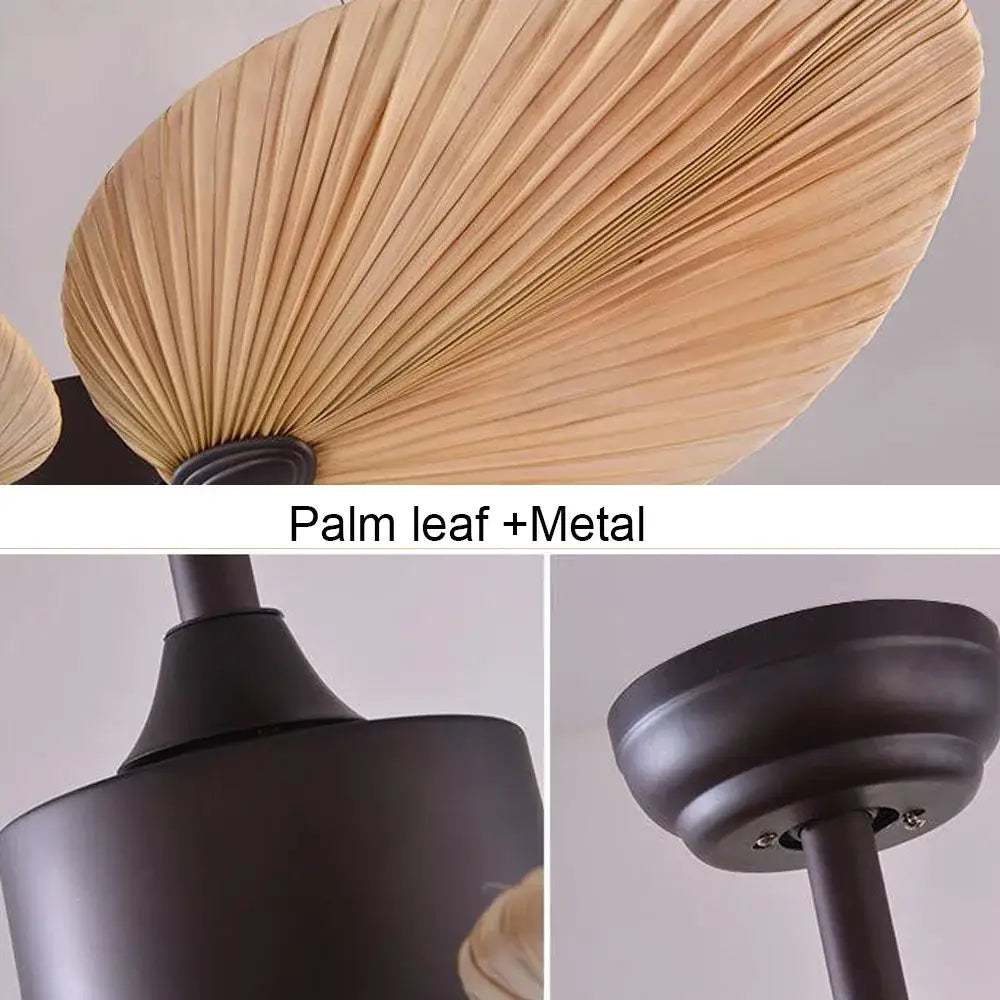 Tropical bronze and brown leaf ceiling fan with natural palm leaf shade and dark matte metal led ceiling fan for living room