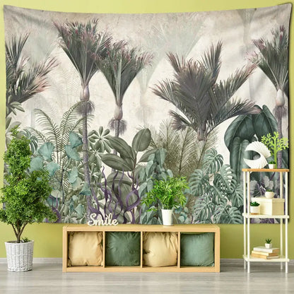 A lush tropical ethorn palm plant wall hanging with muted green gray and soft purple foliage for living room decorbites decor