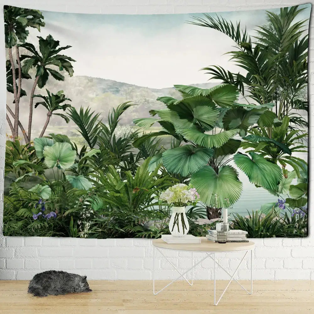 Lush tropical jungle scene tapestry wall hanging with vibrant ethorn palm plant foliage for living room decorbites decor