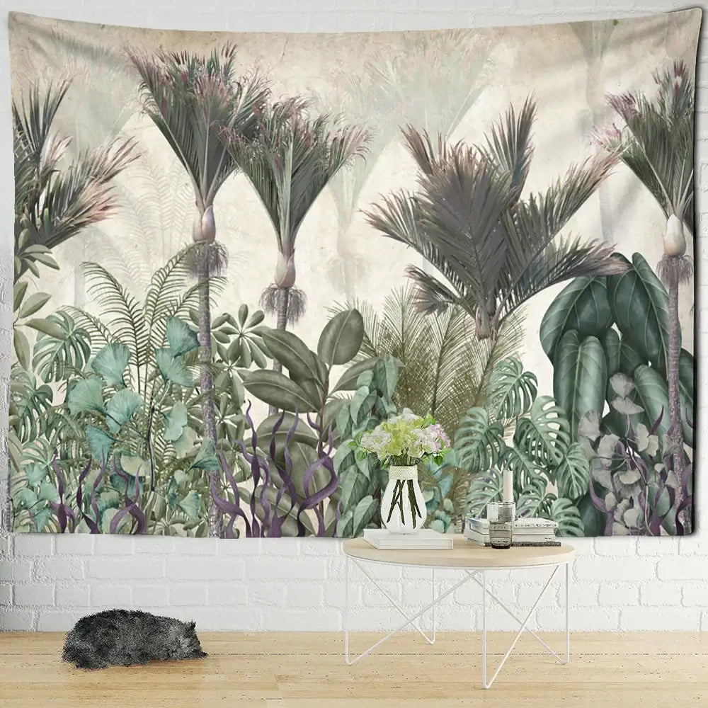 A lush tropical jungle-themed wall hanging tapestry with ethorn palm plant decorbites in green purple and beige tones