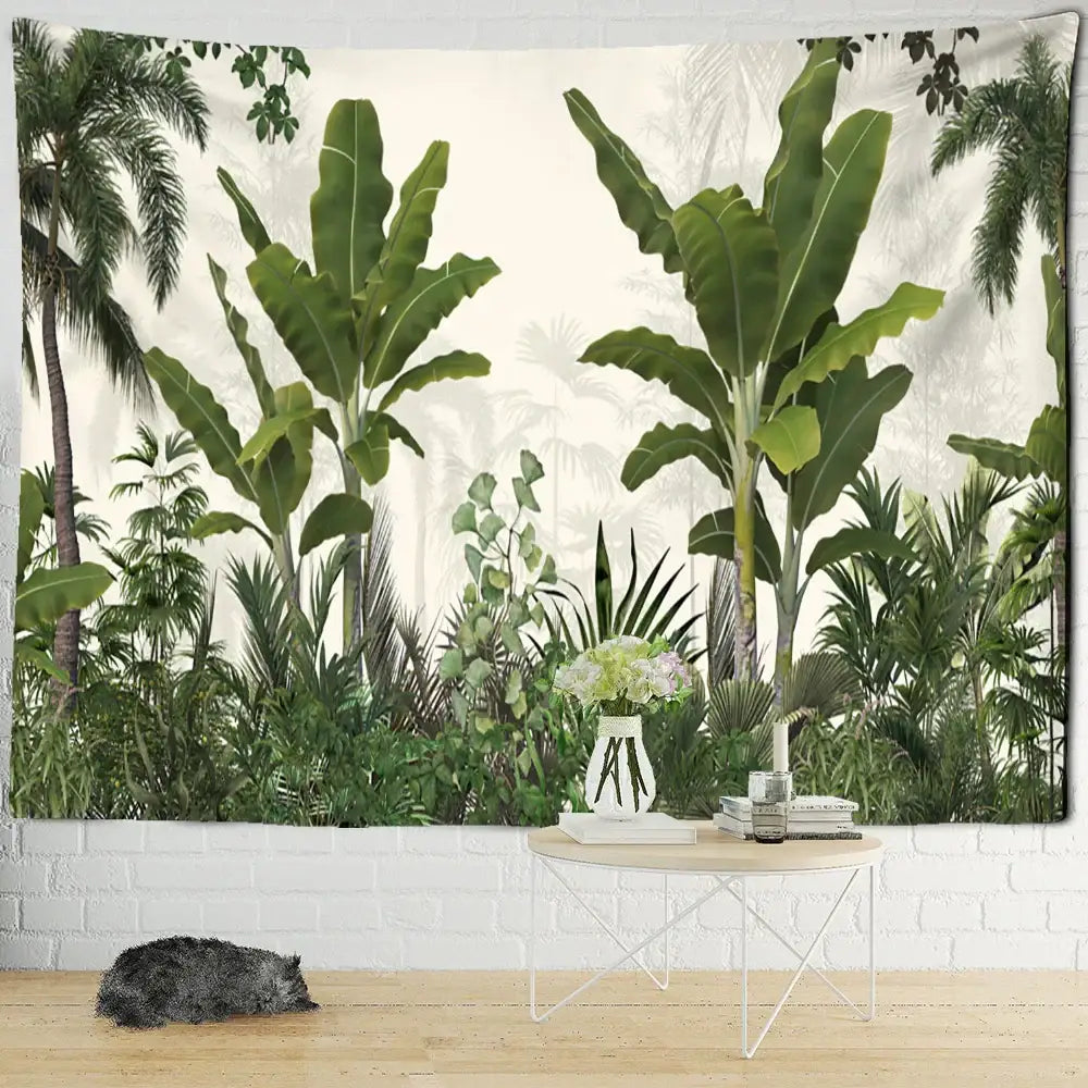 Tropical green ethorn palm plant tapestry wall hanging on white brick wall for living room decor by decorbites