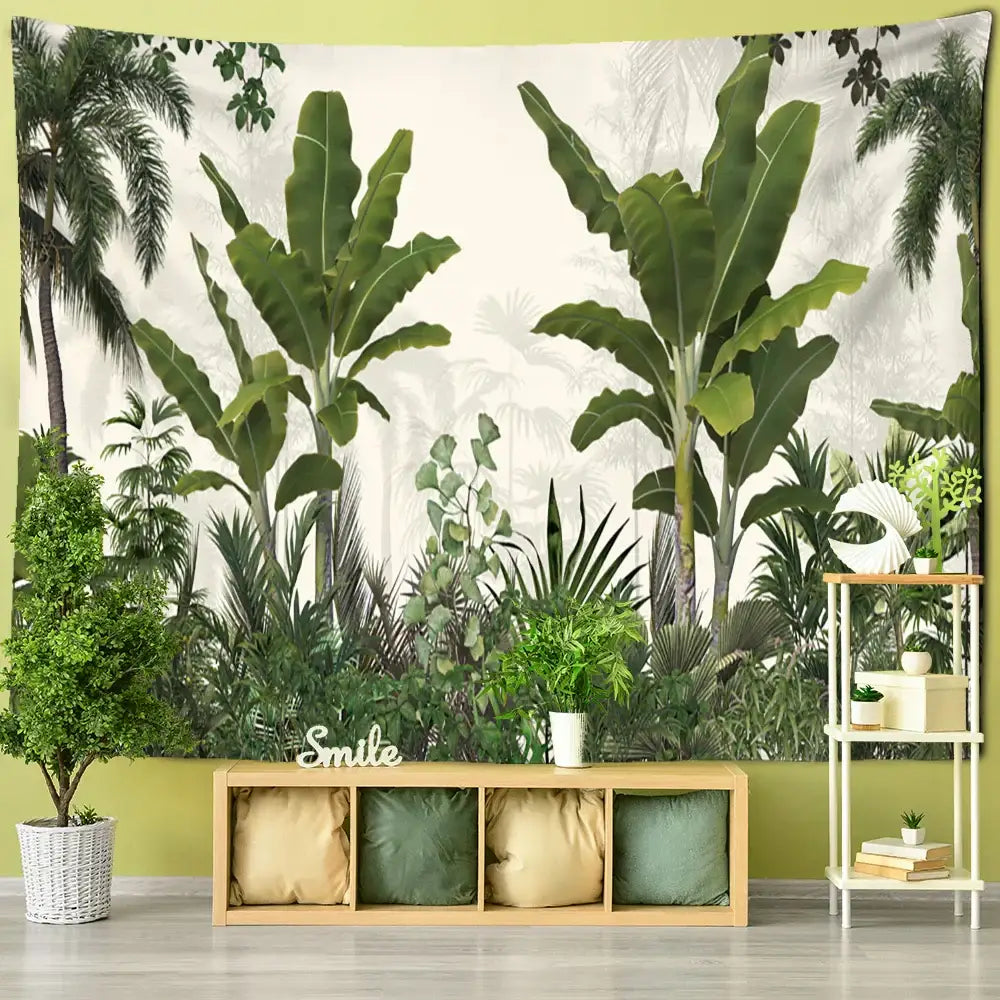 Tropical ethorn palm plant wall hanging tapestry featuring lush green banana and palm trees on an off-white background decorbites ethorn palm decor