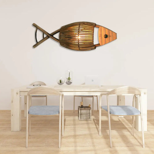 Tropical Fish Design Wall Mount Bamboo Dining Room Sconce Lighting in Wood