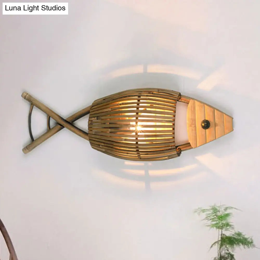 Tropical Fish Design Wall Mount Bamboo Dining Room Sconce Lighting in Wood