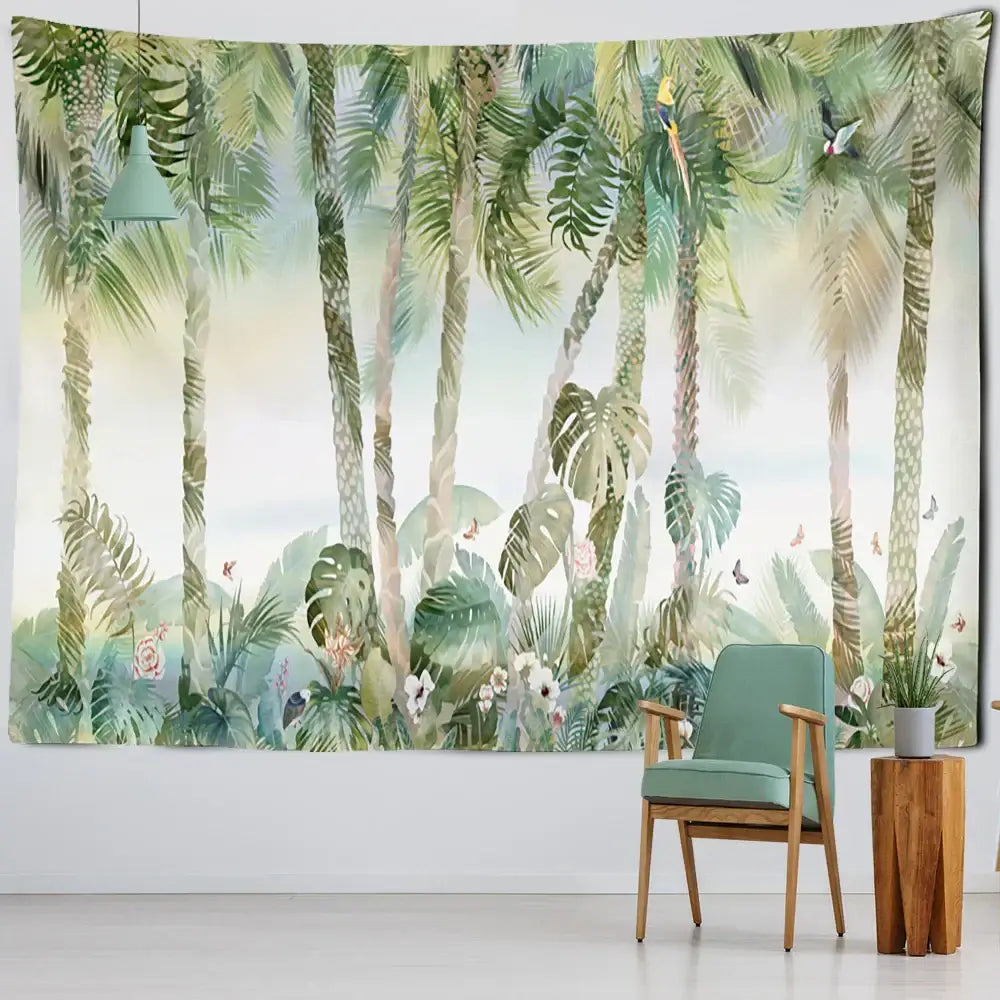 A vibrant tropical green and brown banana leaf tapestry wall hanging with lush palm trees and colorful parrots for bedroom decor
