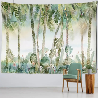 A vibrant tropical green and brown banana leaf tapestry wall hanging with lush palm trees and colorful parrots for bedroom decor