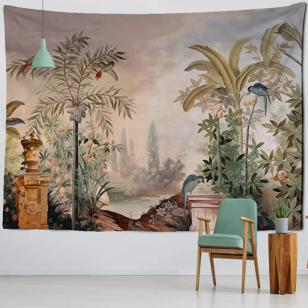 Vintage-style banana leaf tapestry wall hanging with tropical green and brown foliage and birds for bedroom decor