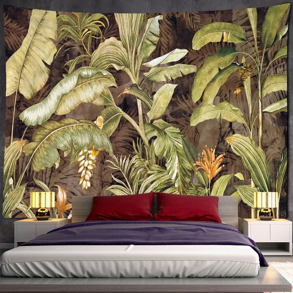 Vibrant tropical green and brown banana leaf tapestry wall hanging with detailed foliage and orange flowers for bedroom decor