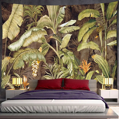 Vibrant tropical green and brown banana leaf tapestry wall hanging with detailed foliage and orange flowers for bedroom decor