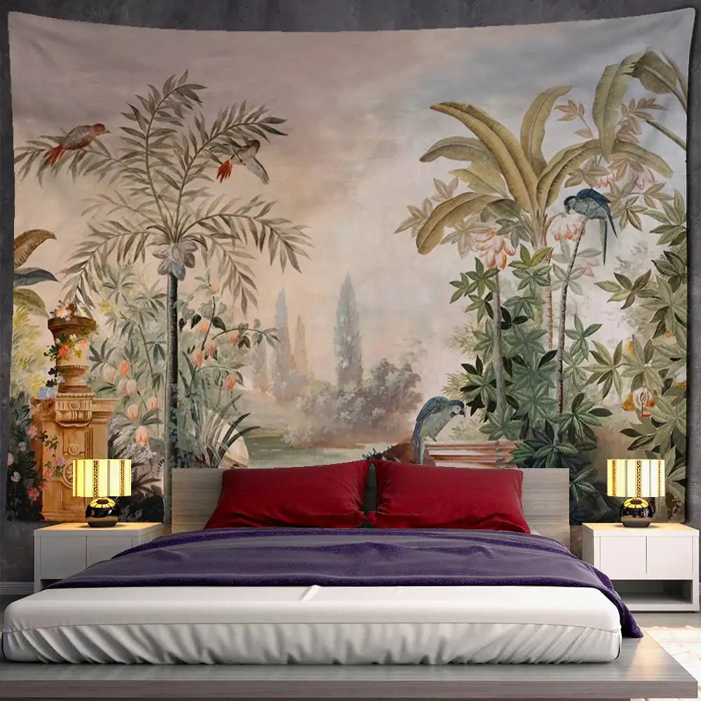 A large tropical green and brown banana leaf tapestry wall hanging featuring lush foliage and colorful parrots in vintage style