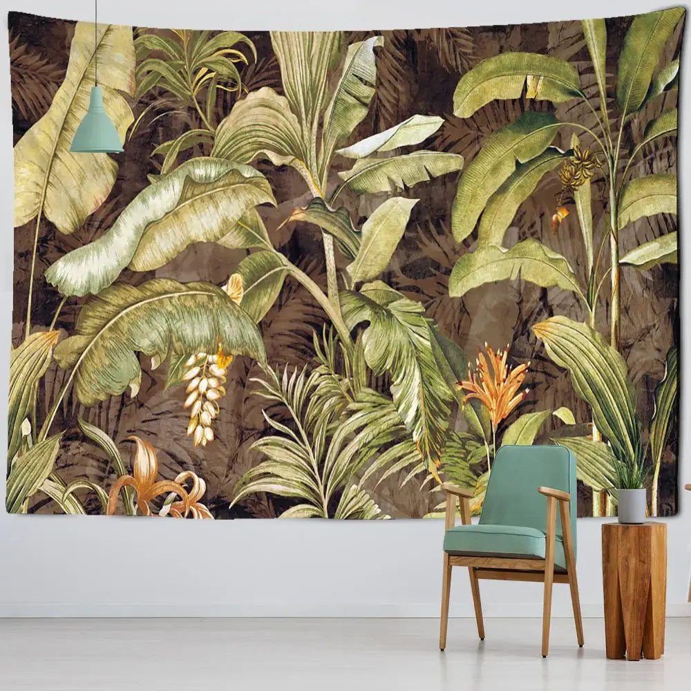 Tropical green and brown banana leaf tapestry wall hanging with detailed botanical illustrations for bedroom decor