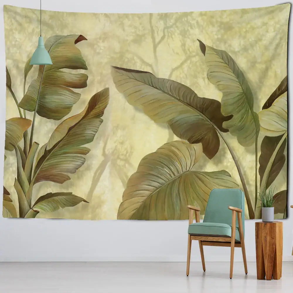 Beige and green banana leaf tapestry wall hanging above teal armchair for tropical bedroom decor