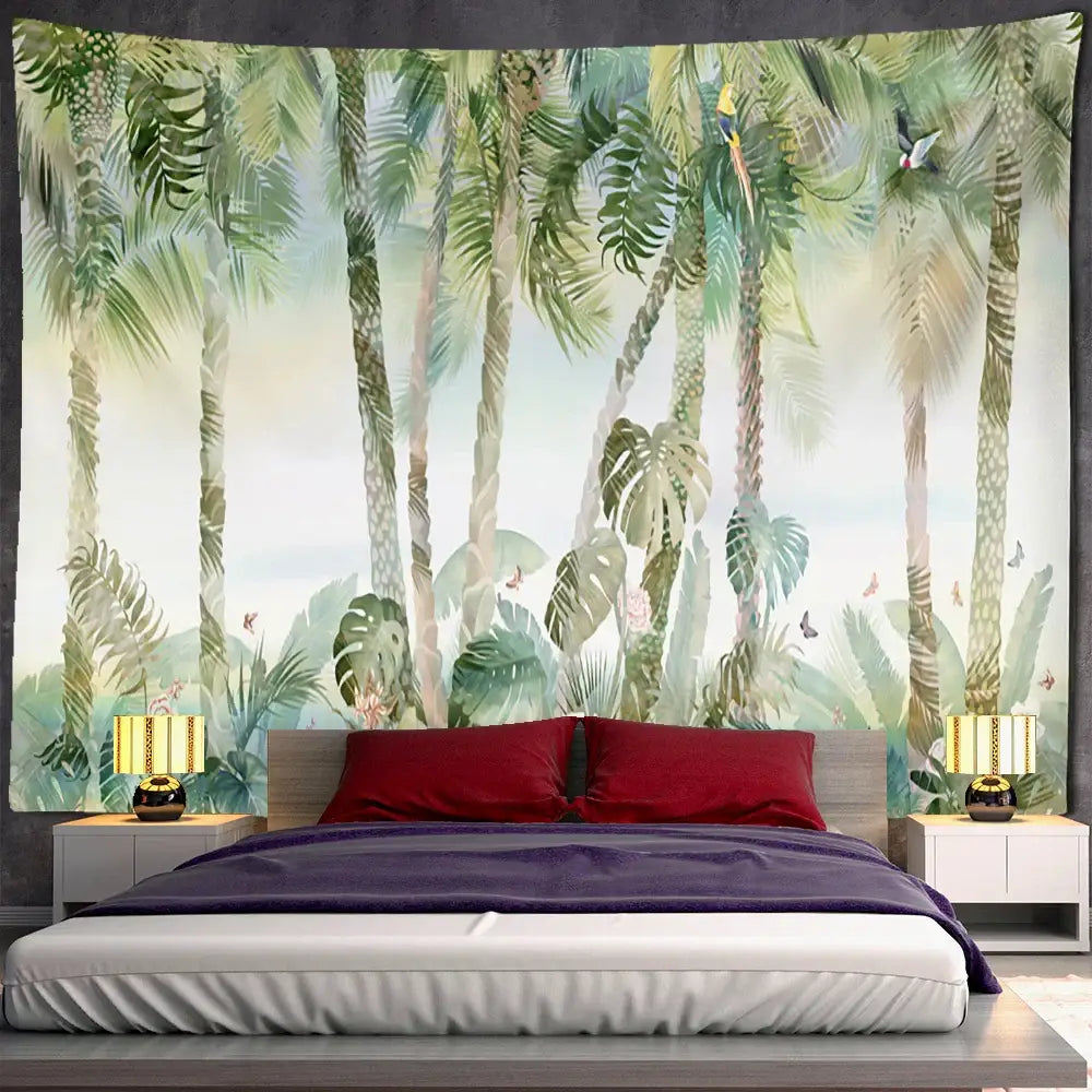 Tropical green and brown banana leaf tapestry wall hanging featuring lush palm trees vibrant parrots and butterflies in watercolor style