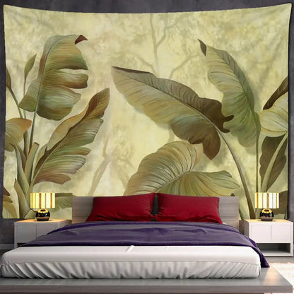 A large beige and green banana leaf tapestry wall hanging above a bed for tropical bedroom decor