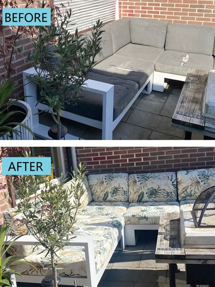 The outdoor sectional sofa features a white frame with tropical green and cream brushed polyester microfiber cushions