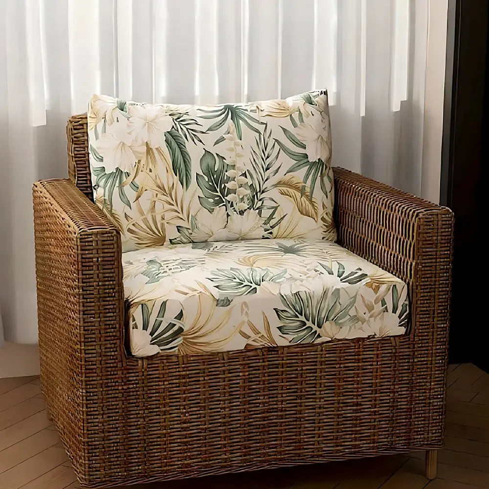 Woven brown rattan armchair with tropical green and cream brushed polyester microfiber outdoor sofa cushion