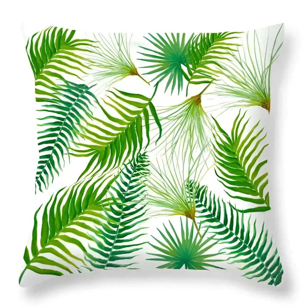 White throw pillow with vibrant green leaves decorative watercolor pattern for tropical home decor living room