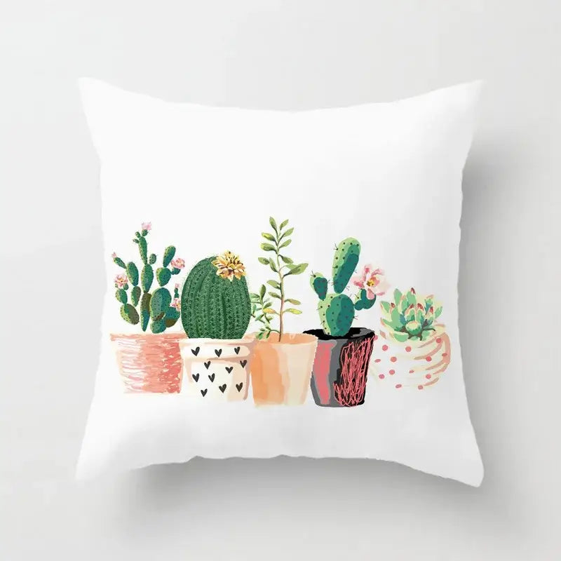 White throw pillow with charming illustration of five cacti in colorful pots for green leaves decorative home decor