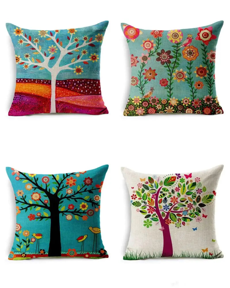 Set of four colorful tree-themed cushion covers with vibrant green leaves decorative patterns for home decor
