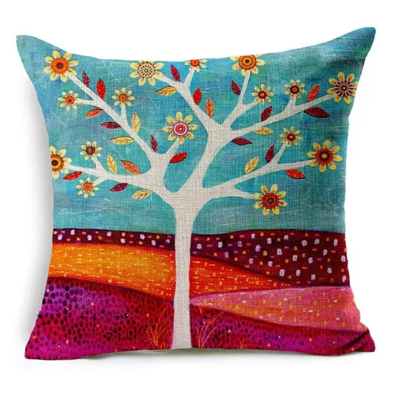 Square cushion cover with vibrant tree design and tropical green leaves decorative accents for living room home decor
