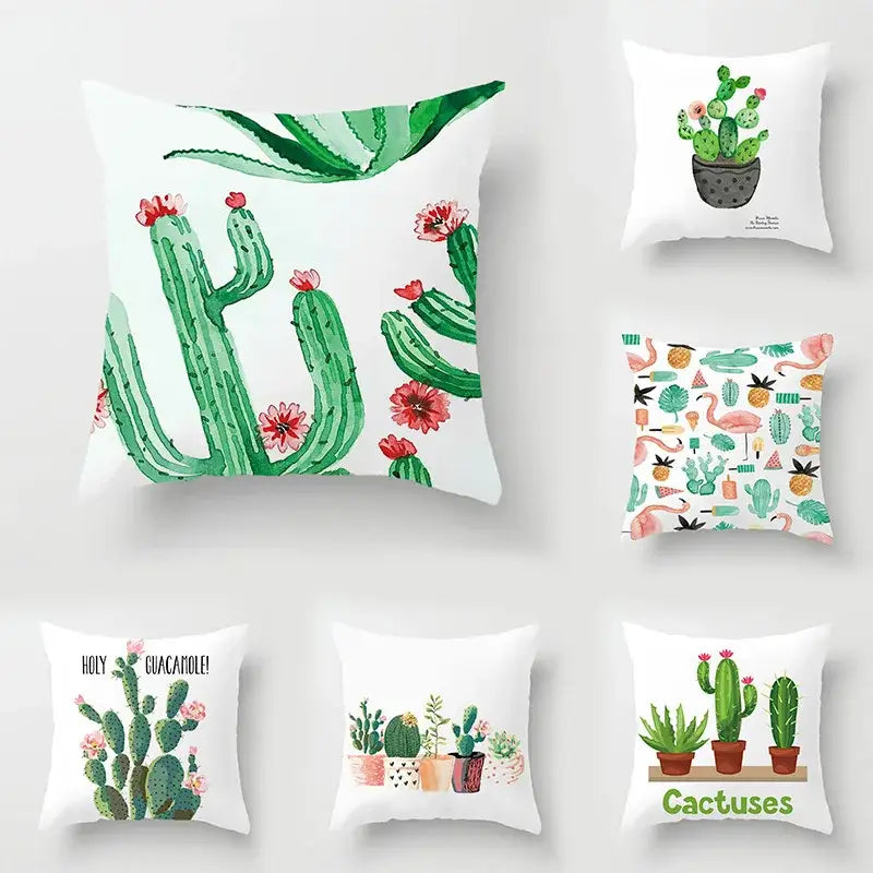 White throw pillow with green leaves decorative watercolor cacti and pink flowers for living room home decor
