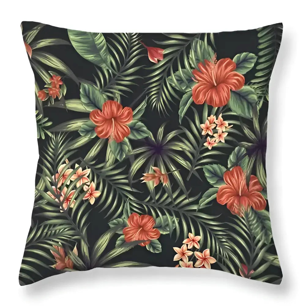 A tropical green leaves decorative cushion cover with bold orange hibiscus flowers for vibrant home decor