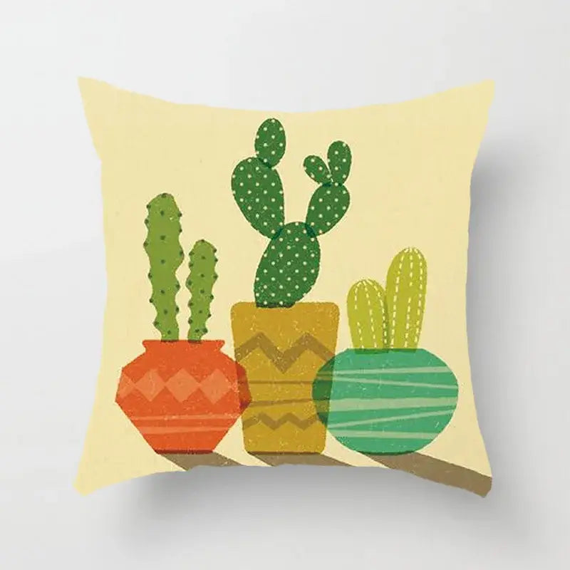 A square beige throw pillow with colorful cactus pots and green leaves decorative design for home decor