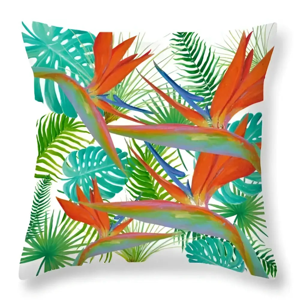 Vibrant tropical green leaves decorative throw pillow with bold orange bird-of-paradise flowers for home decor