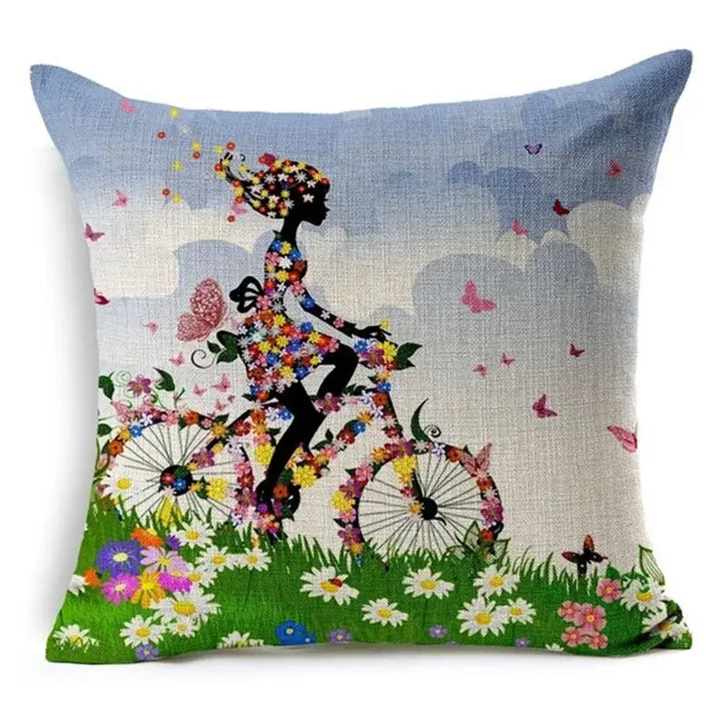 A square cushion cover with vibrant silhouette girl cycling design and green leaves decorative for home decor