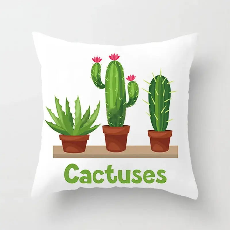 White throw pillow with cartoon potted cacti and bold green leaves decorative text for living room home decor