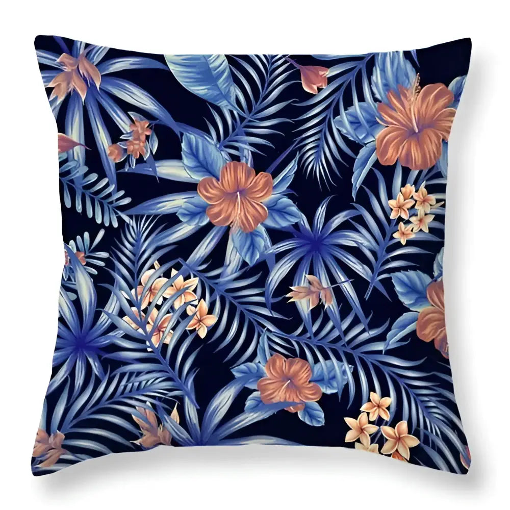 Tropical green leaves decorative cushion cover with bold orange hibiscus and blue palm fronds for home decor