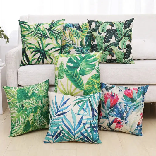 Set of tropical green plant leaves cushion covers in vibrant greens blues and reds for living room decorbites decor