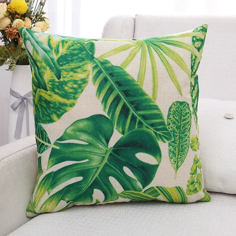 Square linen cushion cover with green plant leaves pattern for living room decorbites green plant accents