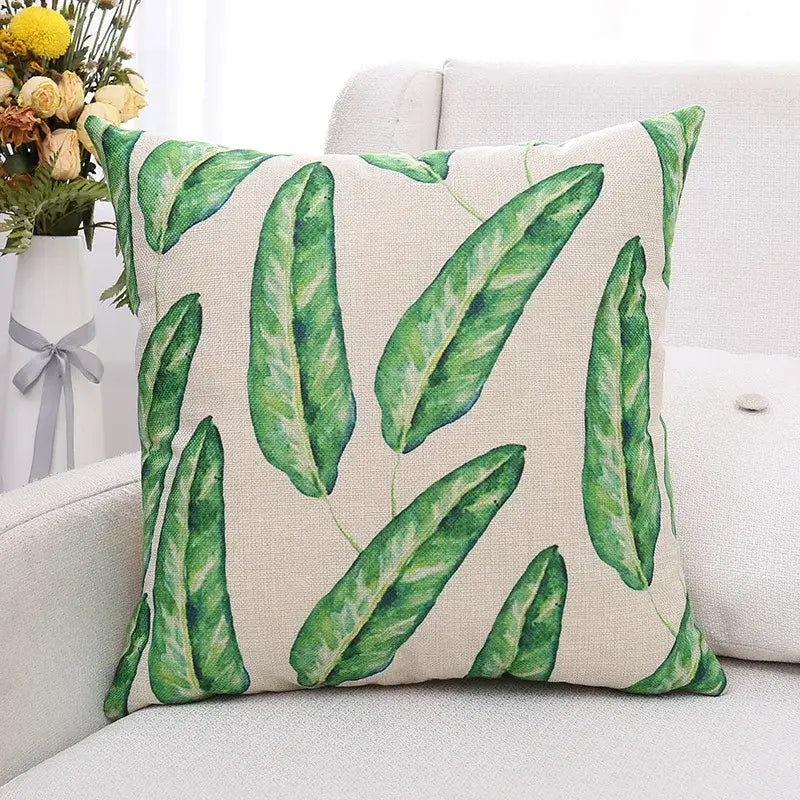 Beige linen cushion cover with watercolor-style green plant leaves pattern for living room decorbites green plant design
