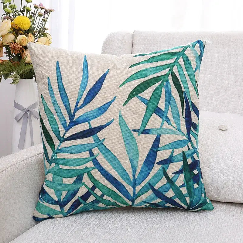 Beige linen cushion cover with blue and green plant leaves pattern for tropical decorbites green plant decorbites green plant leaves