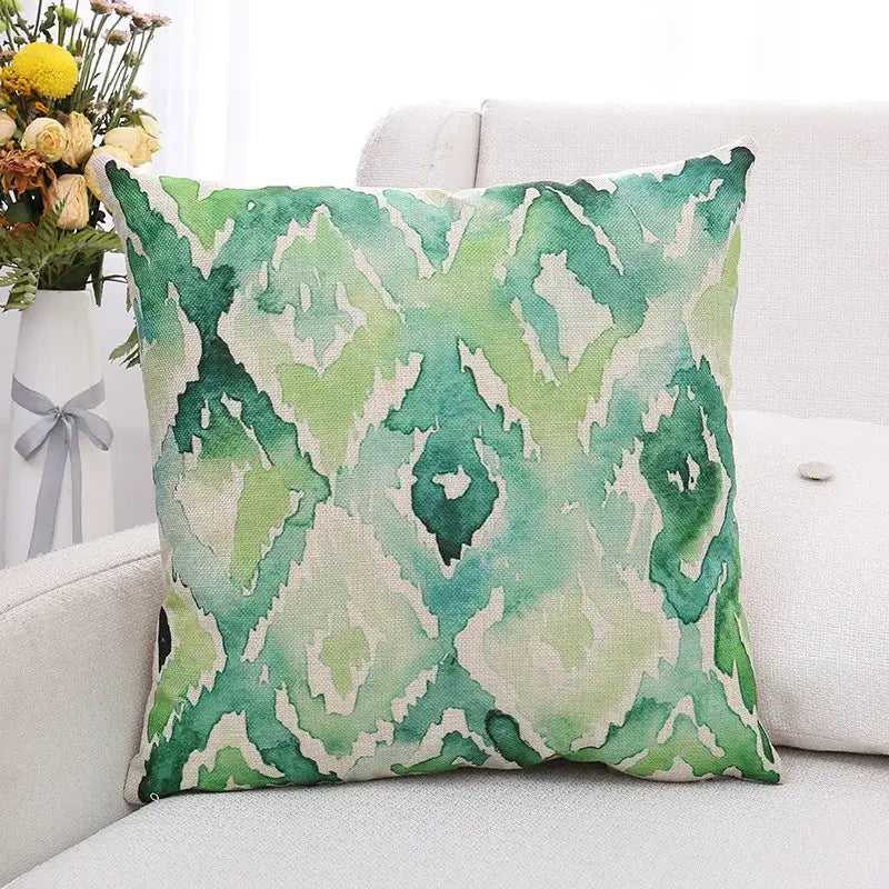Square cushion cover with green plant leaves watercolor pattern on textured linen for living room decorbites decor