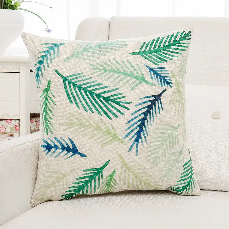 Beige linen cushion cover with green and blue gradient green plant leaves pattern for tropical decorbites living room decor