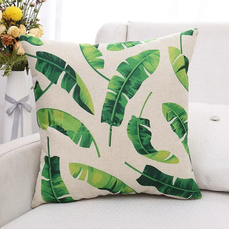 Beige linen cushion cover with green plant leaves pattern featuring decorbites green plant for living room decor