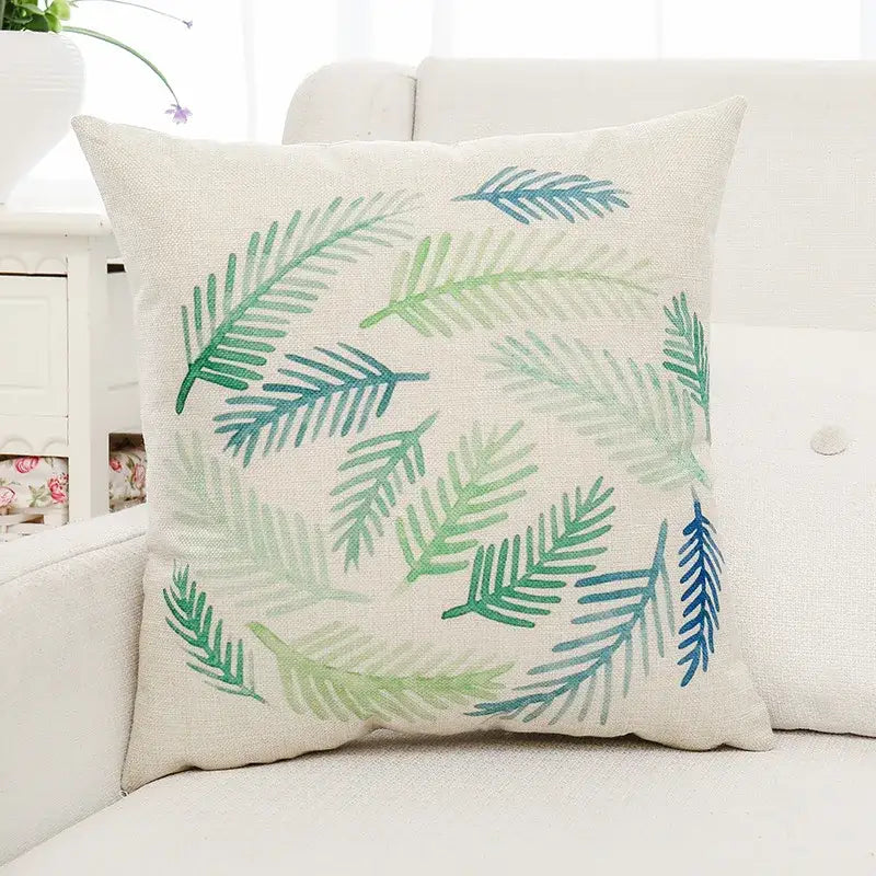 Beige linen cushion cover with tropical green plant leaves watercolor pattern for living room decorbites green plant decor