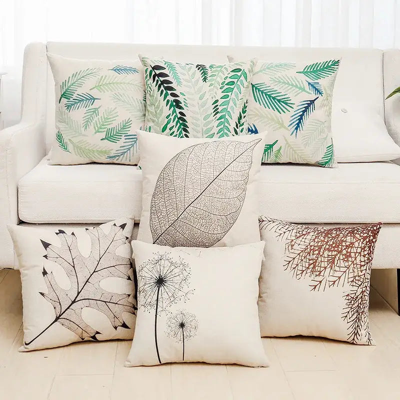 Set of seven cream green and brown cotton cushion covers with leaf and dandelion designs for decorbites green plant leaves decor
