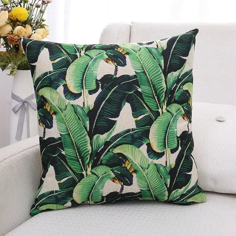 A tropical green plant leaves linen cushion cover with vibrant banana leaf pattern for living room decorbites decor