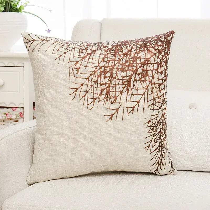 Beige linen cushion cover with brown embroidered tree branch pattern for decorbites green plant leaves living room decor