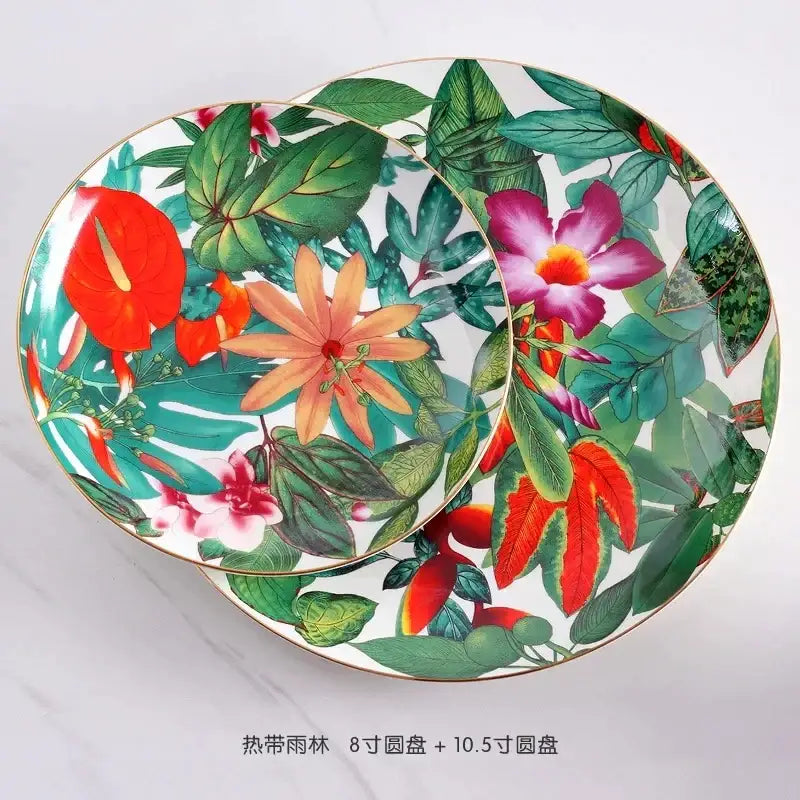 Vibrant tropical rainforest-themed porcelain plates with glossy finish and gold rims from the green leaf collection for enhanced dining experience